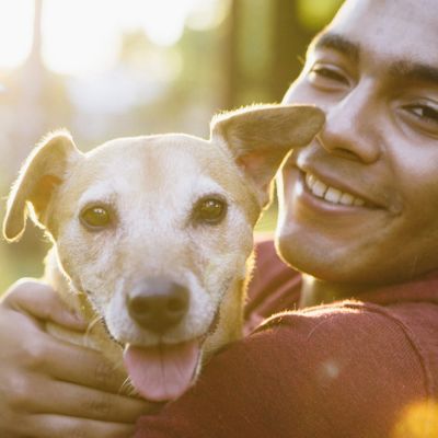 a smiling man holds a happy dog